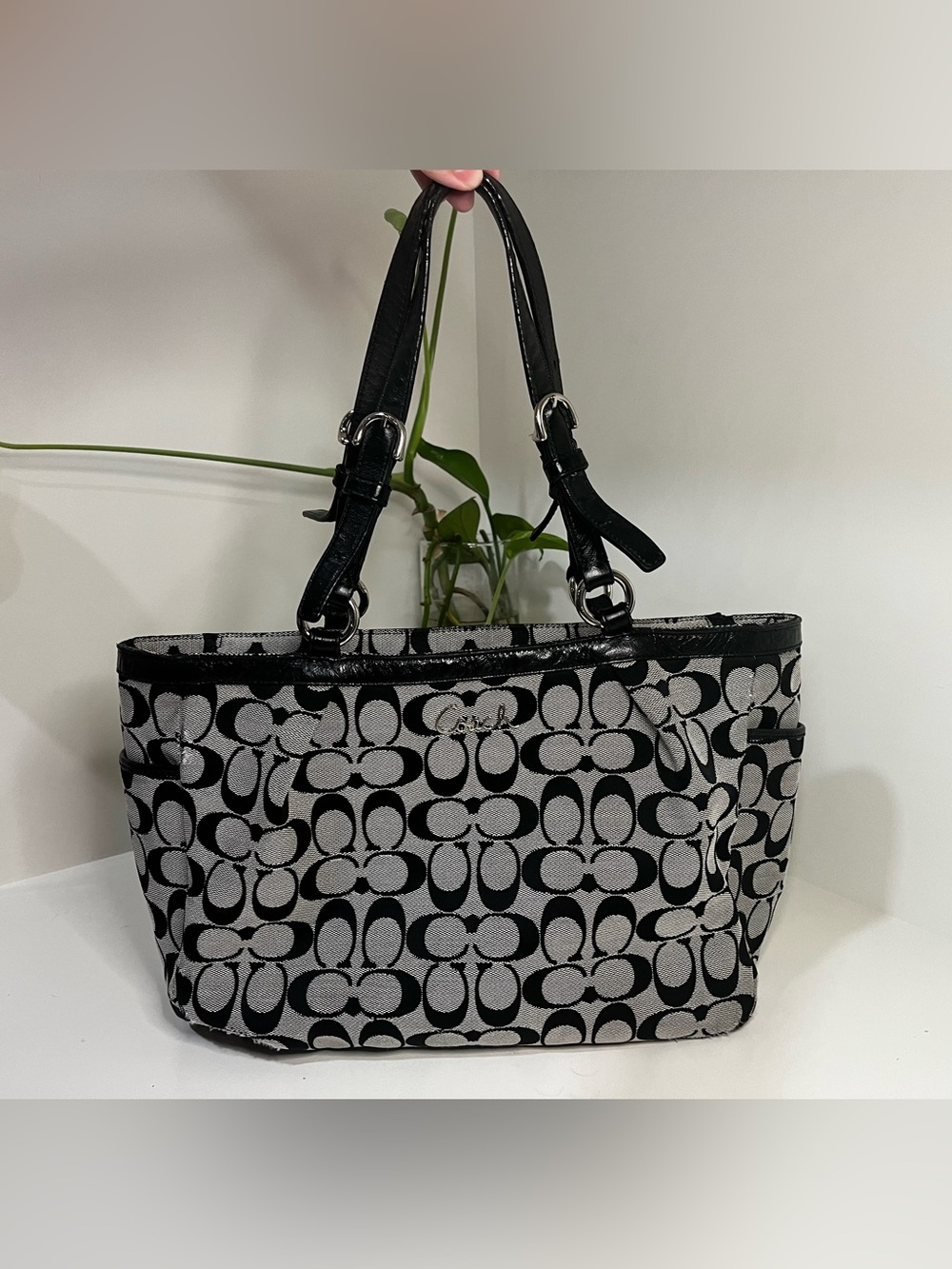Vintage Coach black & white signature monogram tote